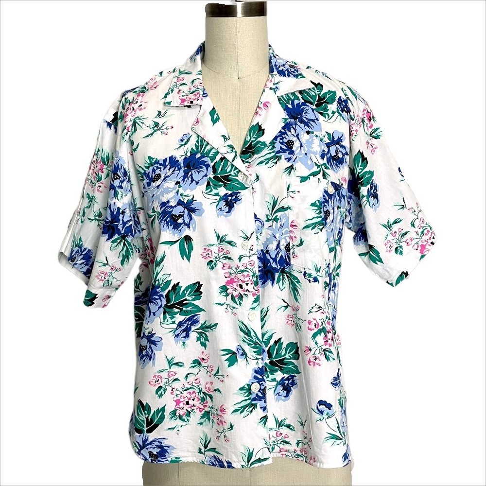 Vintage 90s floral camp shirt by Erika – cotton button down blouse – L